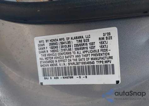 2009 Honda Odyssey Exl from USA, damaged, VIN 5FNRL38719B048543